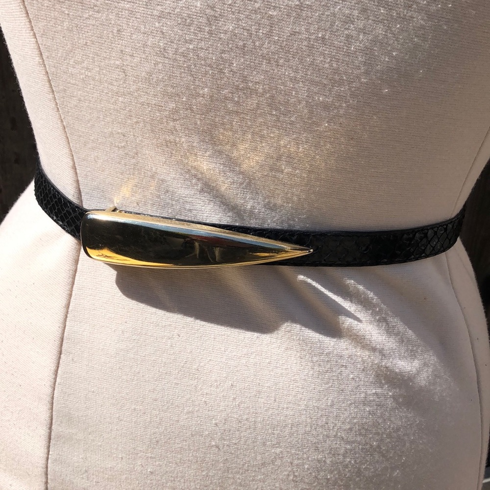 Black Genuine Snake Skin Leather Gold Tone Fang